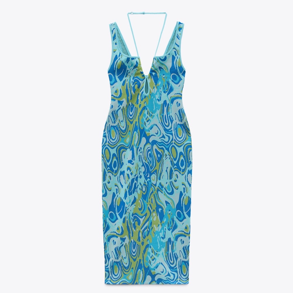Zara Light Blue Print Cut out Jacquard Midi Size M - Picture 6 of 14